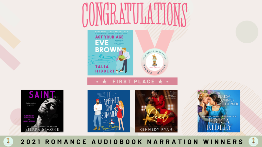graphic showcasing the Romance Audiobook Narration award winners